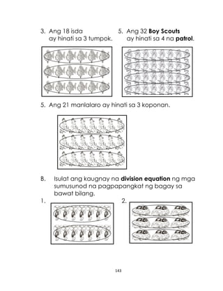 143
3. Ang 18 isda 5. Ang 32 Boy Scouts
ay hinati sa 3 tumpok. ay hinati sa 4 na patrol.
5. Ang 21 manlalaro ay hinati sa 3 koponan.
B. Isulat ang kaugnay na division equation ng mga
sumusunod na pagpapangkat ng bagay sa
bawat bilang.
1. 2.
 
