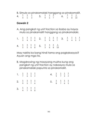 161
B. Simula sa pinakamalaki hanggang sa pinakamaliit.
4. 5. 6.
Gawain 2
A. Ang pangkat ng unit fraction sa ibaba ay inayos
mula sa pinakamaliit hanggang sa pinakamalaki.
1. 2. 3.
4. 5.
May nakita ka bang hindi tama ang pagkakaayos?
Ayusin ang mga ito.
B. Magdrowing ng masayang mukha kung ang
pangkat ng unit fraction ay nakaayos mula sa
pinakamalaki papunta sa pinakamaliit.
1. 4.
2. 5.
3.
 