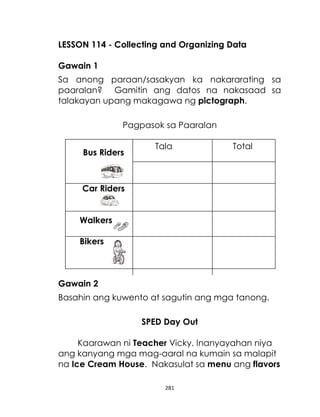 281
LESSON 114 - Collecting and Organizing Data
Gawain 1
Sa anong paraan/sasakyan ka nakararating sa
paaralan? Gamitin ang datos na nakasaad sa
talakayan upang makagawa ng pictograph.
Pagpasok sa Paaralan
Tala Total
Car Riders
Walkers
Bikers
Gawain 2
Basahin ang kuwento at sagutin ang mga tanong.
SPED Day Out
Kaarawan ni Teacher Vicky. Inanyayahan niya
ang kanyang mga mag-aaral na kumain sa malapit
na Ice Cream House. Nakasulat sa menu ang flavors
Bus Riders
 