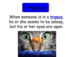 trance 
When someone is in a trance, 
he or she seems to be asleep, 
but his or her eyes are open. 
 