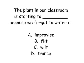 The plant in our classroom 
is starting to _________ 
because we forgot to water it. 
A. improvise 
B. flit 
C. wilt 
D. trance 
 