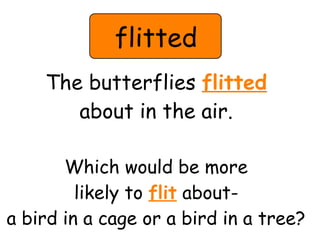 flitted 
The butterflies flitted 
about in the air. 
Which would be more 
likely to flit about-a 
bird in a cage or a bird in a tree? 
 