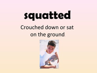 squatted 
Crouched down or sat 
on the ground. 
 