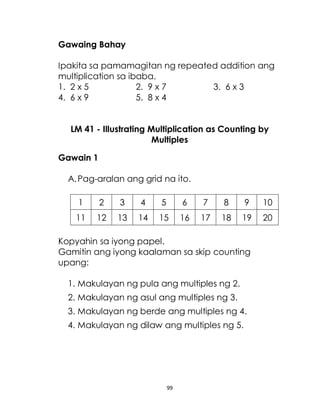 99
Gawaing Bahay
Ipakita sa pamamagitan ng repeated addition ang
multiplication sa ibaba.
1. 2 x 5 2. 9 x 7 3. 6 x 3
4. 6 x 9 5. 8 x 4
LM 41 - Illustrating Multiplication as Counting by
Multiples
Gawain 1
A.Pag-aralan ang grid na ito.
1 2 3 4 5 6 7 8 9 10
11 12 13 14 15 16 17 18 19 20
Kopyahin sa iyong papel.
Gamitin ang iyong kaalaman sa skip counting
upang:
1. Makulayan ng pula ang multiples ng 2.
2. Makulayan ng asul ang multiples ng 3.
3. Makulayan ng berde ang multiples ng 4.
4. Makulayan ng dilaw ang multiples ng 5.
 