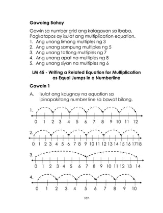 107
Gawaing Bahay
Gawin sa number grid ang kalagayan sa ibaba.
Pagkatapos ay isulat ang multiplication equation.
1. Ang unang limang multiples ng 3
2. Ang unang sampung multiples ng 5
3. Ang unang tatlong multiples ng 7
4. Ang unang apat na multiples ng 8
5. Ang unang siyan na multiples ng 6
LM 45 - Writing a Related Equation for Multiplication
as Equal Jumps in a Numberline
Gawain 1
A. Isulat ang kaugnay na equation sa
ipinapakitang number line sa bawat bilang.
1.
0 1 2 3 4 5 6 7 8 9 10 11 12
2.
0 1 2 3 4 5 6 7 8 9 10 11 12 13 14 15 16 1718
3.
0 1 2 3 4 5 6 7 8 9 10 11 12 13 14
4.
0 1 2 3 4 5 6 7 8 9 10
 
