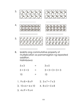113
3.
_____________________________ _________________________
4.
________________ _______________
5.
________________ _________________
B. Ipakita ang commutative property of
multiplication sa pamamagitan ng repeated
addition.
Halimbawa:
5 x 3 = 3 x 5
5 + 5 + 5 = 3 + 3 + 3 + 3 + 3
15 = 15
1. 9 x 8 = 8 x 9 2. 3 x 7 = 7 x 3
3. 10 x 6 = 6 x 10 4. 8 x 5 = 5 x 8
5. 4 x 9 = 9 x 4
 
