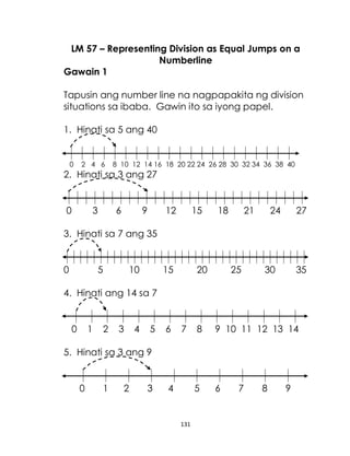 131
LM 57 – Representing Division as Equal Jumps on a
Numberline
Gawain 1
Tapusin ang number line na nagpapakita ng division
situations sa ibaba. Gawin ito sa iyong papel.
1. Hinati sa 5 ang 40
0 2 4 6 8 10 12 14 16 18 20 22 24 26 28 30 32 34 36 38 40
2. Hinati sa 3 ang 27
0 3 6 9 12 15 18 21 24 27
3. Hinati sa 7 ang 35
0 5 10 15 20 25 30 35
4. Hinati ang 14 sa 7
0 1 2 3 4 5 6 7 8 9 10 11 12 13 14
5. Hinati sa 3 ang 9
0 1 2 3 4 5 6 7 8 9
 