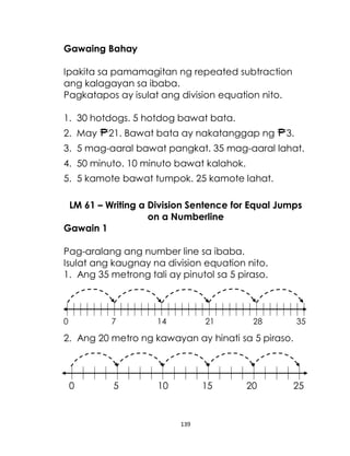 139
Gawaing Bahay
Ipakita sa pamamagitan ng repeated subtraction
ang kalagayan sa ibaba.
Pagkatapos ay isulat ang division equation nito.
1. 30 hotdogs. 5 hotdog bawat bata.
2. May 21. Bawat bata ay nakatanggap ng 3.
3. 5 mag-aaral bawat pangkat. 35 mag-aaral lahat.
4. 50 minuto. 10 minuto bawat kalahok.
5. 5 kamote bawat tumpok. 25 kamote lahat.
LM 61 – Writing a Division Sentence for Equal Jumps
on a Numberline
Gawain 1
Pag-aralang ang number line sa ibaba.
Isulat ang kaugnay na division equation nito.
1. Ang 35 metrong tali ay pinutol sa 5 piraso.
0 7 14 21 28 35
2. Ang 20 metro ng kawayan ay hinati sa 5 piraso.
0 5 10 15 20 25
 