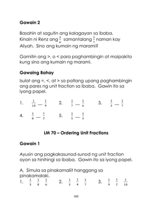 160
Gawain 2
Basahin at sagutin ang kalagayan sa ibaba.
Kinain ni Renz ang samantalang naman kay
Aliyah. Sino ang kumain ng marami?
Gamitin ang >, o < para paghambingin at maipakita
kung sino ang kumain ng marami.
Gawaing Bahay
Isulat ang =, <, at > sa patlang upang paghambingin
ang pares ng unit fraction sa ibaba. Gawin ito sa
iyong papel.
1. __ 2. __ 3. __
4. __ 5. __
LM 70 – Ordering Unit Fractions
Gawain 1
Ayusin ang pagkakasunod-sunod ng unit fraction
ayon sa hinihingi sa ibaba. Gawin ito sa iyong papel.
A. Simula sa pinakamaliit hanggang sa
pinakamalaki.
1. 2. 3.
 
