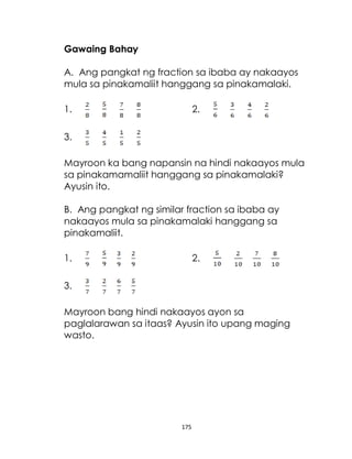 175
Gawaing Bahay
A. Ang pangkat ng fraction sa ibaba ay nakaayos
mula sa pinakamaliit hanggang sa pinakamalaki.
1. 2.
3.
Mayroon ka bang napansin na hindi nakaayos mula
sa pinakamamaliit hanggang sa pinakamalaki?
Ayusin ito.
B. Ang pangkat ng similar fraction sa ibaba ay
nakaayos mula sa pinakamalaki hanggang sa
pinakamaliit.
1. 2.
3.
Mayroon bang hindi nakaayos ayon sa
paglalarawan sa itaas? Ayusin ito upang maging
wasto.
 