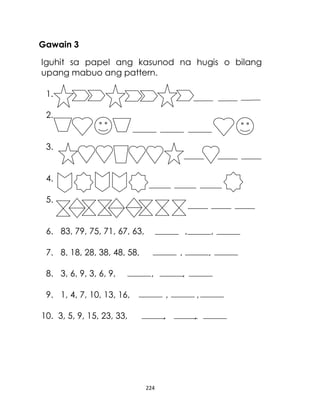 224
Gawain 3
Iguhit sa papel ang kasunod na hugis o bilang
upang mabuo ang pattern.
1.
2.
3.
4.
5.
6. 83, 79, 75, 71, 67, 63, , ,
7. 8, 18, 28, 38, 48, 58, , ,
8. 3, 6, 9, 3, 6, 9, , ,
9. 1, 4, 7, 10, 13, 16, , ,
10. 3, 5, 9, 15, 23, 33, , ,
 
