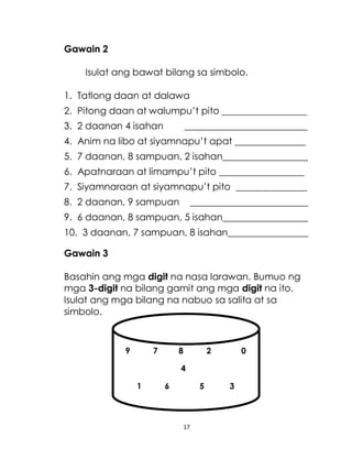 17
Gawain 2
Isulat ang bawat bilang sa simbolo.
1. Tatlong daan at dalawa
2. Pitong daan at walumpu’t pito __________________
3. 2 daanan 4 isahan __________________________
4. Anim na libo at siyamnapu’t apat _______________
5. 7 daanan, 8 sampuan, 2 isahan__________________
6. Apatnaraan at limampu’t pito __________________
7. Siyamnaraan at siyamnapu’t pito _______________
8. 2 daanan, 9 sampuan _________________________
9. 6 daanan, 8 sampuan, 5 isahan__________________
10. 3 daanan, 7 sampuan, 8 isahan_________________
Gawain 3
Basahin ang mga digit na nasa larawan. Bumuo ng
mga 3-digit na bilang gamit ang mga digit na ito.
Isulat ang mga bilang na nabuo sa salita at sa
simbolo.
MYSMM
9 7 8 2 0
4
1 6 5 3
 