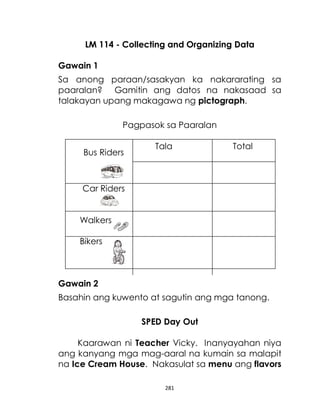 281
LM 114 - Collecting and Organizing Data
Gawain 1
Sa anong paraan/sasakyan ka nakararating sa
paaralan? Gamitin ang datos na nakasaad sa
talakayan upang makagawa ng pictograph.
Pagpasok sa Paaralan
Tala Total
Car Riders
Walkers
Bikers
Gawain 2
Basahin ang kuwento at sagutin ang mga tanong.
SPED Day Out
Kaarawan ni Teacher Vicky. Inanyayahan niya
ang kanyang mga mag-aaral na kumain sa malapit
na Ice Cream House. Nakasulat sa menu ang flavors
Bus Riders
 