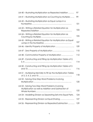 v
LM 40 – Illustrating Multiplication as Repeated Addition ……… 97
LM 41 – Illustrating Multiplication as Counting by Multiples …… 99
LM 42 – Illustrating Multiplication as Equal Jumps in a
Numberline ……………………………………………………… 101
LM 43 – Writing a Related Equation for Multiplication as
Repeated Addition ……………………………………………. 103
LM 44 – Writing a Related Equation for Multiplication as
Counting by Multiples ………………………………………… 105
LM 45 - Writing a Related Equation for Multiplication as Equal
Jumps in the Numberline …………………………………….. 107
LM 46 - Identity Property of Multiplication ………………………... 109
LM 47 - Zero Property of Multiplication ……………………………. 110
LM 48 - Commutative Property of Multiplication ……………… 112
LM 49 - Constructing and Filling Up Multiplication Tables of 2,
3, 4 ………………………………………………………………... 114
LM 50 - Constructing and Filling Up Multiplication Tables of 5
and 10 …………………………………………………………... 116
LM 51 - Multiplying Mentally to Fill Up the Multiplication Tables
of 2, 3, 4, 5, and 10 …………………………………………….. 118
LM 52 - Solving One-Step Word Problems involving
Multiplication …………………………………………………… 120
LM 53 - Solving Two-Step Word Problems involving
Multiplication as well as Addition and Subtraction of
Whole Numbers ………………………………………………... 122
LM 54 - Modelling Division as Separating Sets into Equal Parts . 124
LM 55 - Representing Division as Equal Sharing …………………. 127
LM 56 - Representing Division as Repeated Subtraction ………. 129
 