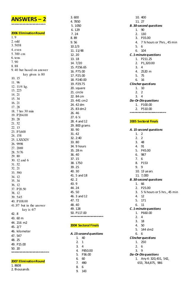 6th grade minute math worksheets answers