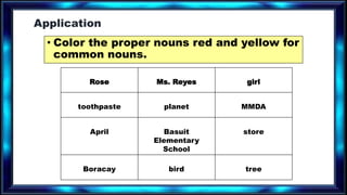 Application
• Color the proper nouns red and yellow for
common nouns.
Rose Ms. Reyes girl
toothpaste planet MMDA
April Basuit
Elementary
School
store
Boracay bird tree
 