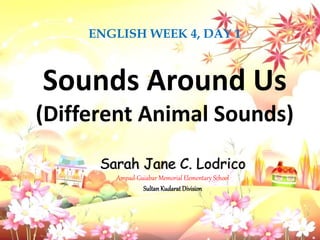 ENGLISH WEEK 4, DAY 1
Sounds Around Us
(Different Animal Sounds)
Sarah Jane C. Lodrico
Ampad-Guiabar Memorial Elementary School
Sultan Kudarat Division
 
