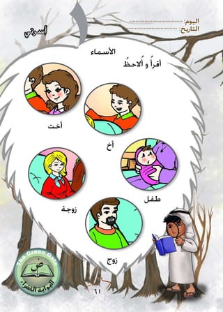 :‫اليوم‬
:‫التاريخ‬
61
‫أسرتي‬
‫أخ‬
‫أخت‬
‫طفل‬
‫زوج‬
‫زوجة‬
ُ‫الحظ‬ُ‫أ‬ ‫و‬ ُ‫أقرأ‬
‫األسماء‬
 