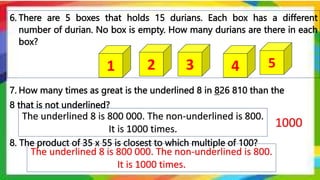 6. There are 5 boxes that holds 15 durians. Each box has a different
number of durian. No box is empty. How many durians are there in each
box?
8. The product of 35 x 55 is closest to which multiple of 100?
7. How many times as great is the underlined 8 in 826 810 than the
8 that is not underlined?
1 2 3 4 5
The underlined 8 is 800 000. The non-underlined is 800.
It is 1000 times.
1000
The underlined 8 is 800 000. The non-underlined is 800.
It is 1000 times.
 
