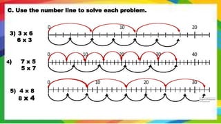 C. Use the number line to solve each problem.
3) 3 x 6
6 x 3
4) 7 x 5
5 x 7
5) 4 x 8
8 x 4
 