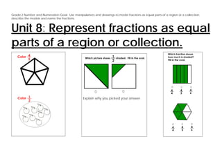 Grade 2 Number and Numeration Goal: Use manipulatives and drawings to model fractions as equal parts of a region or a collection;
describe the models and name the fractions.



Unit 8: Represent fractions as equal
parts of a region or collection.



                                                Explain why you picked your answer.
 