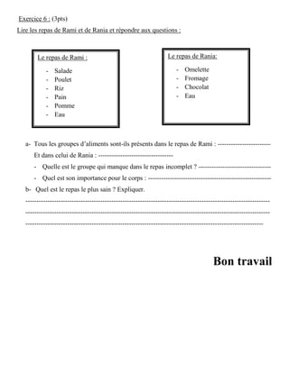 Exercice 6 : (3pts)
Lire les repas de Rami et de Rania et répondre aux questions :
a- Tous les groupes d’aliments sont-ils présents dans le repas de Rami : ------------------------
Et dans celui de Rania : ----------------------------------
- Quelle est le groupe qui manque dans le repas incomplet ? ---------------------------------
- Quel est son importance pour le corps : --------------------------------------------------------
b- Quel est le repas le plus sain ? Expliquer.
---------------------------------------------------------------------------------------------------------------
---------------------------------------------------------------------------------------------------------------
------------------------------------------------------------------------------------------------------------
Bon travail
Le repas de Rami :
- Salade
- Poulet
- Riz
- Pain
- Pomme
- Eau
Le repas de Rania:
- Omelette
- Fromage
- Chocolat
- Eau
 