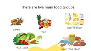 GRAINS
MEAT, EGGS, BEANS
FRUIT
There are five main food groups
VEGETABLES
DAIRY PRODUCT
 