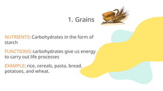 1. Grains
NUTRIENTS: Carbohydrates in the form of
starch
FUNCTIONS: carbohydrates give us energy
to carry out life processes
EXAMPLE: rice, cereals, pasta, bread,
potatoes, and wheat.
 