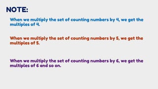 NOTE:
When we multiply the set of counting numbers by 4, we get the
multiples of 4.
When we multiply the set of counting numbers by 5, we get the
multiples of 5.
When we multiply the set of counting numbers by 6, we get the
multiples of 6 and so on.
 