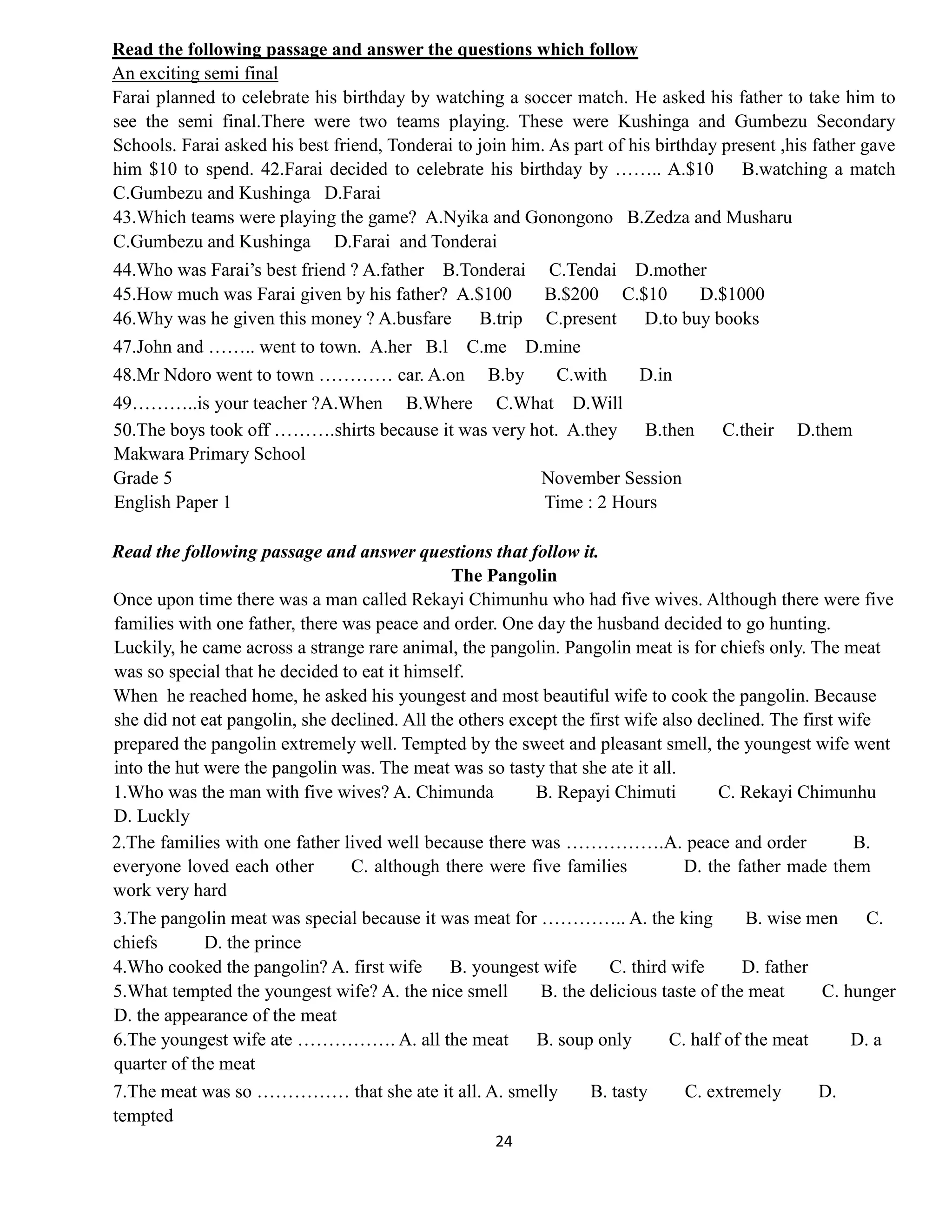 Past exam papers for grade three, four & five | DOC