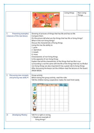 Living things Non Living
Things
C. Presenting examples/
instances of the new lesson.
Showing of pictures of things that ha...