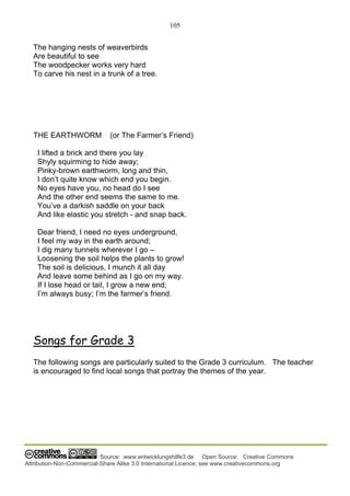 105
Source: www.entwicklungshilfe3.de Open Source: Creative Commons
Attribution-Non-Commercial-Share Alike 3.0 International Licence; see www.creativecommons.org
The hanging nests of weaverbirds
Are beautiful to see
The woodpecker works very hard
To carve his nest in a trunk of a tree.
THE EARTHWORM (or The Farmer’s Friend)
I lifted a brick and there you lay
Shyly squirming to hide away;
Pinky-brown earthworm, long and thin,
I don’t quite know which end you begin.
No eyes have you, no head do I see
And the other end seems the same to me.
You’ve a darkish saddle on your back
And like elastic you stretch - and snap back.
Dear friend, I need no eyes underground,
I feel my way in the earth around;
I dig many tunnels wherever I go –
Loosening the soil helps the plants to grow!
The soil is delicious, I munch it all day
And leave some behind as I go on my way.
If I lose head or tail, I grow a new end;
I’m always busy; I’m the farmer’s friend.
Songs for Grade 3
The following songs are particularly suited to the Grade 3 curriculum. The teacher
is encouraged to find local songs that portray the themes of the year.
 