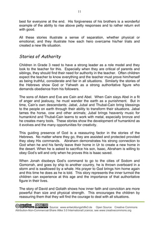 11
Source: www.entwicklungshilfe3.de Open Source: Creative Commons
Attribution-Non-Commercial-Share Alike 3.0 International Licence; see www.creativecommons.org
best for everyone at the end. His forgiveness of his brothers is a wonderful
example of the ability to rise above petty responses and to rather return evil
with good.
All these stories illustrate a sense of separation, whether physical or
emotional, and they illustrate how each hero overcame his/her trials and
created a new life situation.
Stories of Authority
Children in Grade 3 need to have a strong leader as a role model and they
look to the teacher for this. Especially when they are critical of parents and
siblings, they should find their need for authority in the teacher. Often children
expect the teacher to know everything and the teacher must prove him/herself
as being truthful, considerate and fair in all situations. Similarly the stories of
the Hebrews show God or Yahweh as a strong authoritative figure who
demands obedience from his followers.
The sons of Adam and Eve are Cain and Abel. When Cain slays Abel in a fit
of anger and jealousy, he must wander the earth as a punishment. But in
time, Cain’s own descendants: Jabal, Jubal and Thubal-Cain bring blessings
to the people on earth through their ability to transform their situations. Jabal
tames the horse, cow and other animals; Jubal brings heavenly music for
humankind and Thubal-Cain learns to work with metal, especially bronze and
he creates many tools. These stories show the development of humankind as
it evolves and the many opportunities for creativity.
This guiding presence of God is a reassuring factor in the stories of the
Hebrews. No matter where they go, they are assisted and protected provided
they obey His commands. Abraham demonstrates his strong connection to
God when he and his family leave their home in Ur to create a new home in
the desert. When he is asked to sacrifice his son, Isaac, Abraham is willing to
obey God’s will and only when he proves this is Isaac saved.
When Jonah disobeys God’s command to go to the cities of Sodom and
Gomorrah, and goes by ship to another country, he is thrown overboard in a
storm and is swallowed by a whale. His prayer to God brings him home again
and this time he does as he is told. This story represents the inner turmoil the
children can experience at this age and the importance of that authoritative
figure in their lives.
The story of David and Goliath shows how inner faith and conviction are more
powerful than size and physical strength. This encourages the children by
reassuring them that they will find the courage to deal with all situations.
 