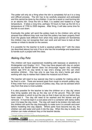 37
Source: www.entwicklungshilfe3.de Open Source: Creative Commons
Attribution-Non-Commercial-Share Alike 3.0 International Licence; see www.creativecommons.org
The potter will only do a firing when the kiln is completely full as it is a long
and difficult process. The kiln has to be carefully prepared and preheated
and this cannot be done by the children. It can be a wood or coal burning kiln
or an electric kiln. Once the kiln is filled, it is sealed and heated to a high
temperature. It takes a long time, perhaps 18 hours to heat up the kiln to a
temperature of 1700 to 2500 degrees. After firing, it will take some time for
the kiln to cool down.
Eventually the potter will send the pottery back to the children who will be
amazed how different they look now that the pottery has been properly fired!
Even the glazes look different from when they were painted on! Sometimes
the children may not recognise their own work and will have to look at their
names or initials to decide on the owners.
It is possible for the teacher to build a sawdust pottery kiln12
with the class
(as described above) but only if he or she has the knowledge and experience
to handle such a project with the class.
Making Clay Pots
The children will have experienced modelling with beeswax or plasticine in
Kindergarten and Grades 1 & 2. They may have played with clay on certain
occasions but Rudolf Steiner does not encourage regular clay modelling
before age 9/10 as clay tends to sap one’s energy and this can drain
sensitive children. One has only to see how dry one’s hands get when
working with clay to realise that it takes the moisture out of them.
The teacher will need to buy special clay that is suitable for making pots to
be fired in a kiln. There are several types from rough to smooth pottery clay.
If they order from a proper source of pottery clay, they can be advised which
clay from that area is most suitable.
It is also possible for the teacher to take the children on a ‘clay dig’ where
they bring spades and dig up the clay out of the ground. They will need
plastic packets in which to put the clay so that it does not dry out before they
have used it. The clay will need to be washed and the stones and grit
removed. It must be kept in a cool place and in a container with damp cloths
over it to keep the clay moist. The clay will need to be broken into balls and
the children will work the clay thoroughly to make sure it is smooth and even
before modelling into clay objects. Where parts have become too dry, the
children can add water and work it into the clay. When the clay is ready, the
children can make whatever they or the teacher decide.
12
Google: building a primitive sawdust pit-fired pottery kiln
 