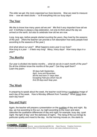 89
Source: www.entwicklungshilfe3.de Open Source: Creative Commons
Attribution-Non-Commercial-Share Alike 3.0 International Licence; see www.creativecommons.org
The older we get, the more organised our lives become. Now we need to measure
time - now we need clocks - to fit everything into our busy days!
The Year
We like to know how many years old we are! We find it very important how old we
are! A birthday is always a big celebration, not only to think about the day we
arrived on the earth, but also to celebrate how old we are now.
Long, long ago, before people started counting the years, they lived by the seasons
of the year. [Here the teacher can provide a rich description how early people lived
according to the seasons of the year.]
And what about our year? What happens every year in our lives?
How long is a year - it feels very long! Many, many days! How many days in a
year?
The Months

Our year is divided into twelve months ... what do we do in each month of the year?
Do all the children know the months of the year? Can they spell them?
Learn the poem:
30 days hath September,
April, June and November.
All the rest have 31 days clear
Excepting February which has 28
And 29 days each leap year.
The Week
In preparing to speak about the week, the teacher could bring a qualitative image of
each day of the week. How is Monday different from Tuesday? What mood does
each day have?
Day and Night
Again, the teacher will prepare a presentation on the qualities of day and night. By
day, we live according to the sun, by night according to the moon and stars
(describe the qualitative differences of day and night; for example, busy day, quiet
night; ‘the light of day’ and ‘the darkness of night’). The rising of the sun brings its
particular quality and mood to the day. As the morning moves on, this starts to
 