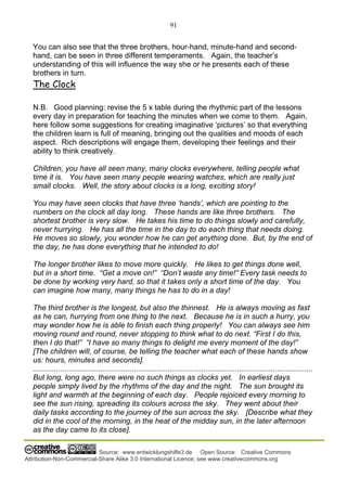 91
Source: www.entwicklungshilfe3.de Open Source: Creative Commons
Attribution-Non-Commercial-Share Alike 3.0 International Licence; see www.creativecommons.org
You can also see that the three brothers, hour-hand, minute-hand and second-
hand, can be seen in three different temperaments. Again, the teacher’s
understanding of this will influence the way she or he presents each of these
brothers in turn.
The Clock
N.B. Good planning: revise the 5 x table during the rhythmic part of the lessons
every day in preparation for teaching the minutes when we come to them. Again,
here follow some suggestions for creating imaginative ‘pictures’ so that everything
the children learn is full of meaning, bringing out the qualities and moods of each
aspect. Rich descriptions will engage them, developing their feelings and their
ability to think creatively.
Children, you have all seen many, many clocks everywhere, telling people what
time it is. You have seen many people wearing watches, which are really just
small clocks. Well, the story about clocks is a long, exciting story!
You may have seen clocks that have three ‘hands’, which are pointing to the
numbers on the clock all day long. These hands are like three brothers. The
shortest brother is very slow. He takes his time to do things slowly and carefully,
never hurrying. He has all the time in the day to do each thing that needs doing.
He moves so slowly, you wonder how he can get anything done. But, by the end of
the day, he has done everything that he intended to do!
The longer brother likes to move more quickly. He likes to get things done well,
but in a short time. “Get a move on!” “Don’t waste any time!” Every task needs to
be done by working very hard, so that it takes only a short time of the day. You
can imagine how many, many things he has to do in a day!
The third brother is the longest, but also the thinnest. He is always moving as fast
as he can, hurrying from one thing to the next. Because he is in such a hurry, you
may wonder how he is able to finish each thing properly! You can always see him
moving round and round, never stopping to think what to do next. “First I do this,
then I do that!” “I have so many things to delight me every moment of the day!”
[The children will, of course, be telling the teacher what each of these hands show
us: hours, minutes and seconds].
.....................................................................................................................................
But long, long ago, there were no such things as clocks yet. In earliest days
people simply lived by the rhythms of the day and the night. The sun brought its
light and warmth at the beginning of each day. People rejoiced every morning to
see the sun rising, spreading its colours across the sky. They went about their
daily tasks according to the journey of the sun across the sky. [Describe what they
did in the cool of the morning, in the heat of the midday sun, in the later afternoon
as the day came to its close].
 