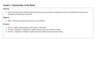 Grade 3 – Communities in the World
Field Trip
 Science 4.5- Waste and our World: Recognize that human activity can lead to the production of wastes, and identify alternatives for the
responsible use and disposal of materials.
Mapping
 Math – Use direct and indirect measurement to solve problems
Post Card
 ELA 1.1.1- Explains understanding of new concepts in own words
 Fine Arts – Component 3: Appreciation- Students will assess the use or function of objects.
 Fine Arts – Component 7: Emphasis- Students will create emphasis based on personal choices
 