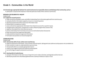 Grade 3 – Communities in the World
3.S.6 developage-appropriate behaviorfor social involvementasresponsible citizenscontributingto theircommunity,such as:
 participate inprojectsthatimprove ormeetthe particularneedsof theirschool orcommunity
RESEARCH FOR DELIBERATIVE INQUIRY
Studentswill:
3.S.7 apply the research process:
 make connectionsbetweencause-and-effectrelationshipsfrominformationgatheredfromvariedsources
 evaluate whetherinformationsupportsanissue ora researchquestion
 developquestionsthatreflectapersonal informationneed
 followaplanto complete aninquiry
 access andretrieve appropriate informationfromelectronicsourcesfora specificinquiry
 navigate withinadocument,compactdiscor othersoftware programthat containslinks
 organize informationfrommore thanone source
 processinformationfrommore thanone source toretell whathasbeendiscovered
 draw conclusionsfromorganizedinformation
 make predictionsbasedonorganizedinformation
 formulate newquestionsasresearchprogresses
COMMUNICATION
Studentswill:
3.S.8 demonstrate skillsof oral, writtenand visual literacy:
 organize andpresentinformation,suchaswrittenandoral reports,takingparticularaudiencesandpurposesintoconsideration
 listentoothersinorderto understandtheirpointsof view
 interactwithothersina sociallyappropriate manner
 create visual imagesforparticularaudiencesandpurposes
 use technologytosupportandpresentconclusions

3.S.9 developskillsofmedialiteracy:
 compare informationonthe same issue ortopicfromprint media,television,photographsandthe Internet
 identifykeywordsfrominformationgatheredfromavarietyof mediaona topicor issue
 