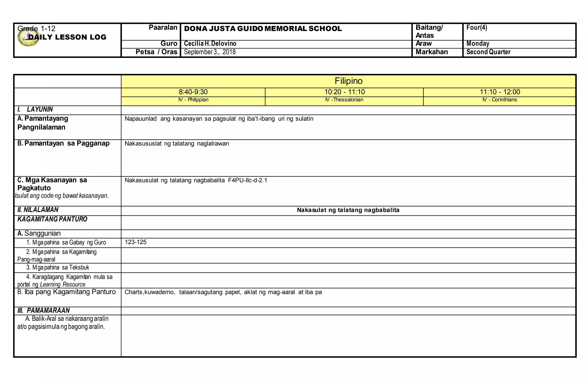 Grade 1-12
DAILY LESSON LOG
Paaralan DONA JUSTA GUIDO MEMORIAL SCHOOL Baitang/
Antas
Four(4)
Guro CeciliaH.Delovino Araw Monday
Petsa / Oras September3,, 2018 Markahan Second Quarter
Filipino
8:40-9:30 10:20 - 11:10 11:10 - 12:00
IV - Philippian IV -Thessalonian IV - Corinthians
I. LAYUNIN
A. Pamantayang
Pangnilalaman
Napauunlad ang kasanayan sa pagsulat ng iba’t-ibang uri ng sulatin
B. Pamantayan sa Pagganap Nakasususlat ng talatang naglalrawan
C. Mga Kasanayan sa
Pagkatuto
Isulat ang codeng bawat kasanayan.
Nakasusulat ng talatang nagbabalita F4PU-IIc-d-2.1
II. NILALAMAN Nakasulat ng talatang nagbabalita
KAGAMITANG PANTURO
A. Sanggunian
1. Mgapahina sa Gabay ng Guro 123-125
2. Mgapahina sa Kagamitang
Pang-mag-aaral
3. Mgapahina sa Teksbuk
4. Karagdagang Kagamitan mula sa
portal ng Learning Resource
B. Iba pang Kagamitang Panturo Charts,kuwaderno, talaan/sagutang papel, aklat ng mag-aaral at iba pa
III. PAMAMARAAN
A. Balik-Aral sa nakaraangaralin
at/o pagsisimulangbagongaralin.
 