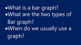 What is a bar graph?
What are the two types of
Bar graph?
When do we usually use a
graph?
 