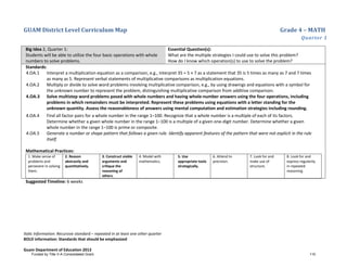 GUAM District Level Curriculum Map Grade 4 – MATH
Quarter 1
Italic Information: Recursive standard – repeated in at least one other quarter
BOLD information: Standards that should be emphasized
Guam Department of Education 2013
Big Idea 2, Quarter 1:
Students will be able to utilize the four basic operations with whole
numbers to solve problems.
Essential Question(s):
What are the multiple strategies I could use to solve this problem?
How do I know which operation(s) to use to solve the problem?
Standards:
4.OA.1 Interpret a multiplication equation as a comparison, e.g., interpret 35 = 5 × 7 as a statement that 35 is 5 times as many as 7 and 7 times
as many as 5. Represent verbal statements of multiplicative comparisons as multiplication equations.
4.OA.2 Multiply or divide to solve word problems involving multiplicative comparison, e.g., by using drawings and equations with a symbol for
the unknown number to represent the problem, distinguishing multiplicative comparison from additive comparison.
4.OA.3 Solve multistep word problems posed with whole numbers and having whole-number answers using the four operations, including
problems in which remainders must be interpreted. Represent these problems using equations with a letter standing for the
unknown quantity. Assess the reasonableness of answers using mental computation and estimation strategies including rounding.
4.OA.4 Find all factor pairs for a whole number in the range 1–100. Recognize that a whole number is a multiple of each of its factors.
Determine whether a given whole number in the range 1–100 is a multiple of a given one-digit number. Determine whether a given
whole number in the range 1–100 is prime or composite.
4.OA.5 Generate a number or shape pattern that follows a given rule. Identify apparent features of the pattern that were not explicit in the rule
itself.
Mathematical Practices:
1. Make sense of
problems and
persevere in solving
them.
2. Reason
abstractly and
quantitatively.
3. Construct viable
arguments and
critique the
reasoning of
others.
4. Model with
mathematics.
5. Use
appropriate tools
strategically.
6. Attend to
precision.
7. Look for and
make use of
structure.
8. Look for and
express regularity
in repeated
reasoning.
Suggested Timeline: 6 weeks
Funded by Title V-A Consolidated Grant 110
 