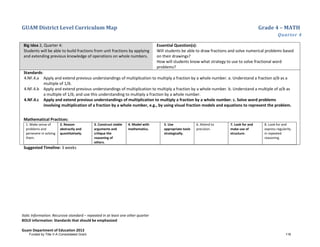GUAM District Level Curriculum Map Grade 4 – MATH
Quarter 4
Italic Information: Recursive standard – repeated in at least one other quarter
BOLD information: Standards that should be emphasized
Guam Department of Education 2013
Big Idea 2, Quarter 4:
Students will be able to build fractions from unit fractions by applying
and extending previous knowledge of operations on whole numbers.
Essential Question(s):
Will students be able to draw fractions and solve numerical problems based
on their drawings?
How will students know what strategy to use to solve fractional word
problems?
Standards:
4.NF.4.a Apply and extend previous understandings of multiplication to multiply a fraction by a whole number. a. Understand a fraction a/b as a
multiple of 1/b.
4.NF.4.b Apply and extend previous understandings of multiplication to multiply a fraction by a whole number. b. Understand a multiple of a/b as
a multiple of 1/b, and use this understanding to multiply a fraction by a whole number.
4.NF.4.c Apply and extend previous understandings of multiplication to multiply a fraction by a whole number. c. Solve word problems
involving multiplication of a fraction by a whole number, e.g., by using visual fraction models and equations to represent the problem.
Mathematical Practices:
1. Make sense of
problems and
persevere in solving
them.
2. Reason
abstractly and
quantitatively.
3. Construct viable
arguments and
critique the
reasoning of
others.
4. Model with
mathematics.
5. Use
appropriate tools
strategically.
6. Attend to
precision.
7. Look for and
make use of
structure.
8. Look for and
express regularity
in repeated
reasoning.
Suggested Timeline: 3 weeks
Funded by Title V-A Consolidated Grant 116
 