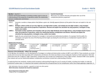 GUAM District Level Curriculum Guide Grade 4 – MATH
Quarter 2
Italic Information: Recursive standard – repeated in at least one other quarter
BOLD information: Standards that should be emphasized
Guam Department of Education 2013
Big Idea 1, Quarter 2:
Students will develop flexibility in breaking numbers apart to have an
understanding of the properties of operations and/or the relationship
between multiplication and division.
Essential Question(s):
What ways can students illustrate and explain their use of the
multiplication/division properties?
Standards:
4.OA.5 Generate a number or shape pattern that follows a given rule. Identify apparent features of the pattern that were not explicit in the rule
itself.
4.NBT.5 Multiply a whole number of up to four digits by a one-digit whole number, and multiply two two-digit numbers, using strategies
based on place value and the properties of operations. Illustrate and explain the calculation by using equations, rectangular arrays,
and/or area models.
4.NBT.6 Find whole-number quotients and remainders with up to four-digit dividends and one-digit divisors, using strategies based on place
value, the properties of operations, and/or the relationship between multiplication and division. Illustrate and explain the
calculation by using equations, rectangular arrays, and/or area models.
4.MD.3 Apply the area and perimeter formulas for rectangles in real world and mathematical problems. For example, find the width of a
rectangular room given the area of the flooring and the length, by viewing the area formula as a multiplication equation with an
unknown factor.
Mathematical Practices:
1. Make sense of
problems and
persevere in
solving them.
2. Reason
abstractly and
quantitatively.
3. Construct viable
arguments and
critique the
reasoning of others.
4. Model with
mathematics.
5. Use appropriate
tools strategically.
6. Attend to
precision.
7. Look for and
make use of
structure.
8. Look for
and express
regularity in
repeated
reasoning.
Elements of the Standard(s) – What’s the meaning?
In this Big Idea, the emphasis is on the development of strategies to multiply and divide whole numbers (4.NBT.5 and 4.NBT.6). These standards use similar
words and structure but deal separately with multiplication and division; the intent was likely to ensure adequate emphasis on both operations. Note that
while both share the “4-digit by 1-digit” expectation, multiplication also includes the multiplication of two 2-digit numbers. Standard 4.NBT.6 also specifies
that students will use the relationship between multiplication and division to build their understanding of division.
In exploring these two standards, students build conceptual understanding through the use of a variety of models, including area models, to make the
connection to place value. It is important that students understand the conceptual basis for the multiplication rather than simply applying an algorithm. In
Funded by Title V-A Consolidated Grant 124
 