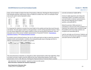 GUAM District Level Curriculum Guide Grade 4 – MATH
Quarter 2
Italic Information: Recursive standard – repeated in at least one other quarter
BOLD information: Standards that should be emphasized
Guam Department of Education 2013
lines), and set models to explore the ideas of equivalency. (Marzano: Nonlinguistic Representations)
One example would be using fraction strips as models for number lines. Here is an example of how
area can be used to look at equivalent values.
It is important for students to connect the visual model to the symbols and how they count the parts
and wholes. This will support students as they generalize a rule for writing equivalent fractions. There
are also several applications that support students as they are learning about equivalency. Here are
two great ones as they connect multiple representations of equivalent fractions: Illuminations:
Equivalent Fractions and Finding Equivalent Fractions
As students move to decimal fractions, the use of a 100-square grid can help to make the connection
between tenths and hundredths. As before, the manipulatives give way to drawings and then to
abstract representations with numbers and symbols.
The instructional focus should be on using grids or other representations rather than algorithms. Base-
ten blocks and other models should be explored that have relationships between fractions with
denominators of 10 or 100. (Marzano: Nonlinguistic Representations) A decimal wheel is another
concrete and abstract models (MP 2).
Construct viable arguments and critique the
reasoning of others: As students move from
concrete models to abstract representations,
they will have adequate time to explain,
question, and justify (MP 3).
Attend to precision: While precision in
calculations is only one part of this standard, it is
important that students work carefully through
the problems and ensure their solutions are
complete and reasonable (MP 6).
Look for and make use of structure: Students use
the structure of the base-ten system to compare
and order decimal numbers (MP 7).
Funded by Title V-A Consolidated Grant 130
 