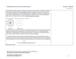 GUAM District Level Curriculum Guide Grade 4 – MATH
Quarter 2
Italic Information: Recursive standard – repeated in at least one other quarter
BOLD information: Standards that should be emphasized
Guam Department of Education 2013
model that will support students in writing any fraction with a denominator of 10 or 100 as a decimal.
Don’t forget to connect the written language to the spoken language. Three-tenths (0.3) on the first
circle below is equivalent to thirty hundredths (0.30) on the second circle below even though we say
them and write them differently. The unit or denominator is different. You can find a decimal wheel
within this unit of study on decimal numbers: Decimal Number Unit of Study.
As students compare and analyze decimal numbers, the place value chart is extended to include values
right of the decimal point, to thousandths. This will allow students to use the same strategies they
used earlier in the school year to compare and order numbers. As necessary, use a place value chart
and counters to help students visualize the numbers they are working with.
It is important when you are working on comparing decimals that you tackle some of the confusing
values such as 0.13 to 0.31 or 0.3 to 0.30 to 0.03. These types of problems help students to understand
that 0.32 is between 0.3 and 0.4, and they realize how small 0.03 is compared to 0.3 even though these
values look so similar.
Funded by Title V-A Consolidated Grant 131
 