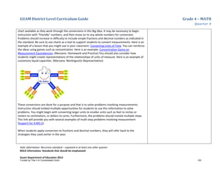 GUAM District Level Curriculum Guide Grade 4 – MATH
Quarter 4
Italic Information: Recursive standard – repeated in at least one other quarter
BOLD information: Standards that should be emphasized
Guam Department of Education 2013
chart available as they work through the conversions in this Big Idea. It may be necessary to begin
instruction with “friendly” numbers, and then move on to any whole numbers for conversion.
Problems should increase in difficulty to include simple fractions and decimal numbers as indicated in
the standard. Be sure to use charts as a tool to support students to convert measurements. Here is an
example of a lesson that you might use in your classroom: Converting Units of Time. You can reinforce
the ideas using games such as concentration. Here is an example: Concentration Game on
Measurement Equivalencies. (Marzano: Homework and Practice) You should also consider how
students might create representations of the relationships of units of measure. Here is an example of
customary liquid capacities. (Marzano: Nonlinguistic Representation)
These conversions are done for a purpose and that is to solve problems involving measurements.
Instruction should embed multiple opportunities for students to use this information to solve
problems. You might begin with converting larger units to smaller units such as feet to inches or
meters to centimeters, or dollars to cents. Furthermore, the problems should involve multiple steps.
This link will provide you with several examples of multi-step problems involving measurement
(Support for 4.MD.2).
When students apply conversion to fractions and decimal numbers, they will refer back to the
strategies they used earlier in the year.
Funded by Title V-A Consolidated Grant 150
 
