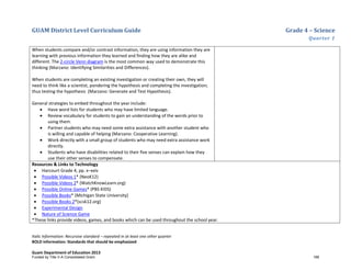 GUAM District Level Curriculum Guide Grade 4 – Science
Quarter 1
Italic Information: Recursive standard – repeated in at least one other quarter
BOLD information: Standards that should be emphasized
Guam Department of Education 2013
When students compare and/or contrast information, they are using information they are
learning with previous information they learned and finding how they are alike and
different. The 2-circle Venn diagram is the most common way used to demonstrate this
thinking (Marzano: Identifying Similarities and Differences).
When students are completing an existing investigation or creating their own, they will
need to think like a scientist, pondering the hypothesis and completing the investigation;
thus testing the hypothesis (Marzano: Generate and Test Hypothesis).
General strategies to embed throughout the year include:
• Have word lists for students who may have limited language.
• Review vocabulary for students to gain an understanding of the words prior to
using them.
• Partner students who may need some extra assistance with another student who
is willing and capable of helping (Marzano: Cooperative Learning).
• Work directly with a small group of students who may need extra assistance work
directly.
• Students who have disabilities related to their five senses can explain how they
use their other senses to compensate.
Resources & Links to Technology
• Harcourt Grade 4, pp. x–xxiv
• Possible Videos 1* (NeoK12)
• Possible Videos 2* (WatchKnowLearn.org)
• Possible Online Games* (PBS KIDS)
• Possible Books* (Michigan State University)
• Possible Books 2*(scsk12.org)
• Experimental Design
• Nature of Science Game
*These links provide videos, games, and books which can be used throughout the school year.
Funded by Title V-A Consolidated Grant 188
 