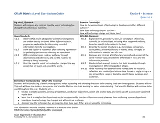 GUAM District Level Curriculum Guide Grade 4 – Science
Quarter 4
Italic Information: Recursive standard – repeated in at least one other quarter
BOLD information: Standards that should be emphasized
Guam Department of Education 2013
Big Idea 1, Quarter 4
Students will compare and contrast how the use of technology has
changed human behavior over time.
Essential Question(s):
How do the various levels of technological development affect different
cultures?
How does technology impact our lives?
How will technology change our future lives?
Guam Standards:
4.1.1 Observe that results of repeated scientific investigations
are seldom exactly the same. When differences occur,
propose an explanation for them using recorded
information from the investigations.
4.1.2 Form and support a hypothesis after collecting information
by gathering specimens or observing an experiment.
4.1.3 Differentiate between evidence gathered through
observations and inferences, and use the evidence to
develop a line of reasoning.
4.5.1 Describe how the use of technology has changed the way
people live on Guam and around the world.
CCSS ELA Standards:
4.RI.3 Explain events, procedures, ideas, or concepts in a historical,
scientiﬁc, or technical text, including what happened and why,
based on speciﬁc information in the text.
4.RI.5 Describe the overall structure (e.g., chronology, comparison,
cause/effect, problem/solution) of events, ideas, concepts, or
information in a text or part of a text.
4.RI.6 Compare and contrast a ﬁrsthand and secondhand account of the
same event or topic; describe the differences in focus and the
information provided.
4.W.7 Conduct short research projects that build knowledge through
investigation of different aspects of a topic.
4.W.10 Write routinely over extended time frames (time for research,
reﬂection, and revision) and shorter time frames (a single sitting or a
day or two) for a range of discipline-speciﬁc tasks, purposes, and
audiences.
Elements of the Standard(s) – What’s the meaning?
Students will be conducting scientific investigations, either by reading and following directions or by creating their own investigations. Students will use
This unit will have the students incorporate the Scientific Method into their learning for better understanding. The Scientific Method will continue to be
used throughout the year. Students will . . .
• be able to create questions, develop a hypothesis, conduct an experiment, collect and analyze data, and come up with a conclusion supported
by the data.
• learn that it is okay for their hypothesis not to be supported by the data. Oftentimes more is learned from not having a correct hypothesis.
• investigate how technology has changed and will continue to change.
• discover how the technology has an impact on their lives, even if they are not using the technology.
Funded by Title V-A Consolidated Grant 202
 