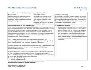 GUAM District Level Curriculum Guide Grade 4 – Science
Quarter 4
Italic Information: Recursive standard – repeated in at least one other quarter
BOLD information: Standards that should be emphasized
Guam Department of Education 2013
• Make predictions about technology’s impact on them in the future.
Key Vocabulary
question, hypothesis, data, collect, analyze,
conclusion, prediction, investigation,
experiment, support, observation, inference,
inquiry, technology, impact
Links to Prior Learning
Technology is an important part of
students’ lives and they have done
some exploring in previous grades.
They are looking more at how
technology has made their and family
members’ lives easier.
Links to Future Learning
As technology is continually changing, students will continue
their investigations of the changing technology and how this
technology will impact them at the present and in the future.
They will be able to contribute to future technology as they
continue with their educational studies.
Instructional Strategies (EL, SIOP, SPED, Marzano)
When students answer questions, you should elaborate on their answers to get them to
focus and/or think at a higher level. When they write or draw in their journals or use any
other method that demonstrates their understanding, it is important to give students
remarks about their thinking and understanding of the concepts. Make comments to
explicitly explain concepts and/or ask more questions for clarification, encourage higher-
level thinking, and help students understand any misconceptions they may have
obtained (Marzano: Providing Feedback).
This is a time to obtain information from students about their thinking and
understanding. Cues and questions are meant as a way to gain this knowledge and help
direct students (Marzano: Cues, Questions, and Advance Organizers).
Students can use pictures of the various technologies and create a timeline showing how
technology has changed over the years and built upon each other (Marzano:
Nonlinguistic Representations).
Students will determine how technologies are the same and different. They will be able
to show that many technologies had a relationship with previous technology; i.e.
without an old technology, the new technology would not have come about so quickly or
at all (Marzano: Identifying Similarities and Differences).
CCSS ELA Support Standards
• Because students have been using their skills of reading
and writing with nonfiction, they have enhanced their
ability to read and write like scientists. They take what
they glean from their readings and use it their writing
skills to convey their understandings of the concepts.
• Students will continue to use the writing process to
ensure that their writing is understandable and uses the
correct grammar, spelling, punctuation, and
conventions.
Resources & Links to Technology
• Harcourt Grade 4, pp. x–xxiv
Funded by Title V-A Consolidated Grant 203
 