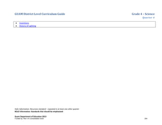 GUAM District Level Curriculum Guide Grade 4 – Science
Quarter 4
Italic Information: Recursive standard – repeated in at least one other quarter
BOLD information: Standards that should be emphasized
Guam Department of Education 2013
• Inventions
• History of Lighting
Funded by Title V-A Consolidated Grant 204
 